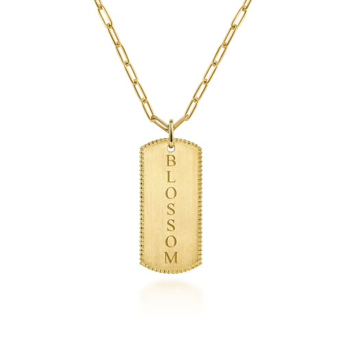 14K Yellow Gold ID Dog Tag Pendant Hollow Chain Necklace