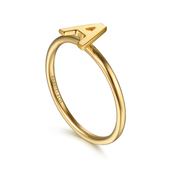 14K Yellow Gold Initial A Stackable Ring angle 3