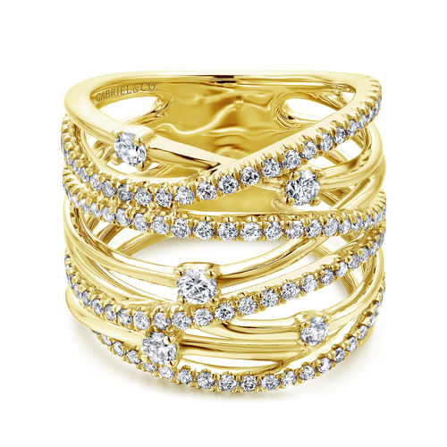 14K Yellow Gold Intersecing Diamond Wide Criss Cross Ring