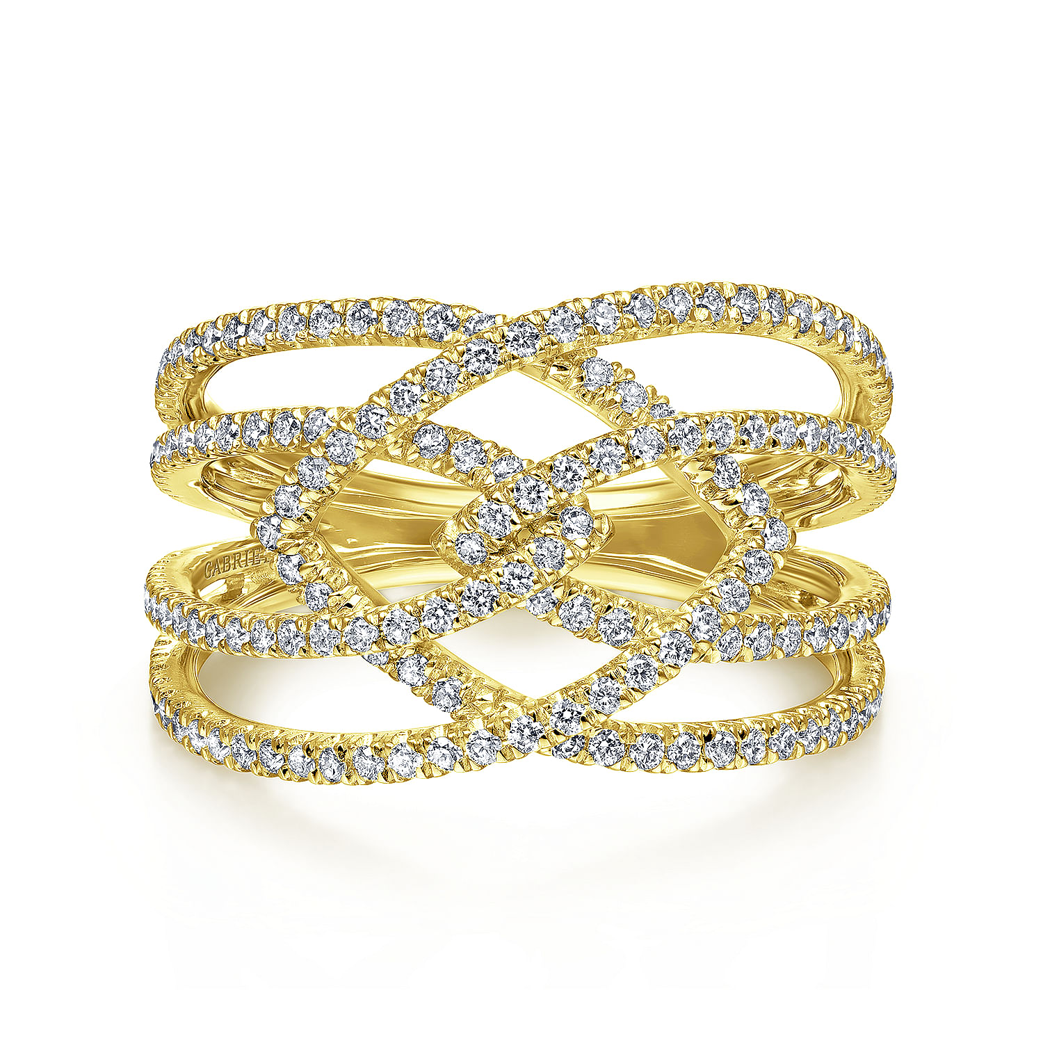 14K Yellow Gold Intersecting Multi Row Pavé Diamond Ring