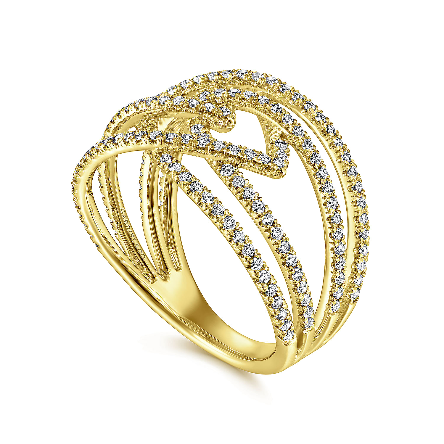 14K Yellow Gold Intersecting Multi Row Pavé Diamond Ring