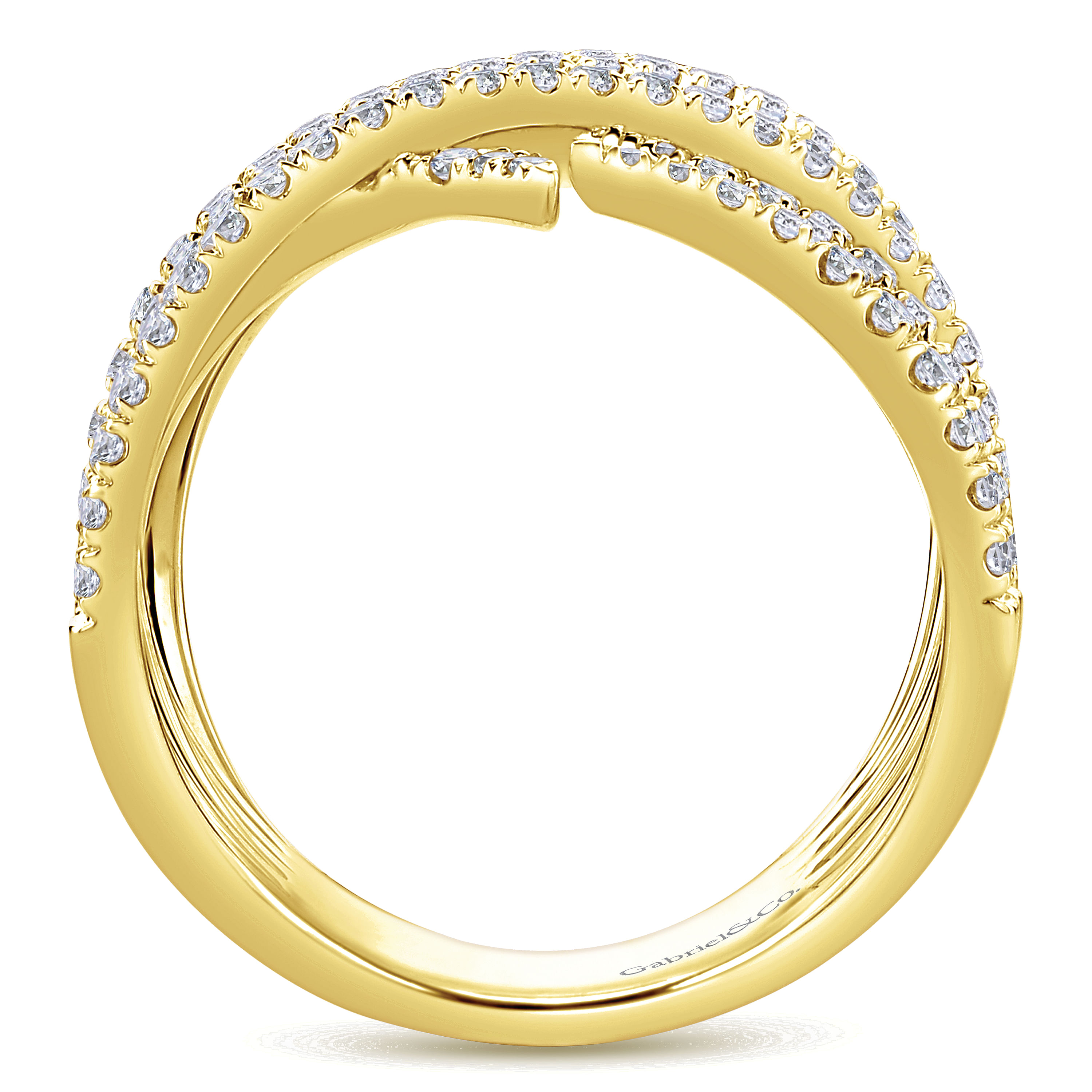 14K Yellow Gold Intersecting Rows Wide Diamond Ring
