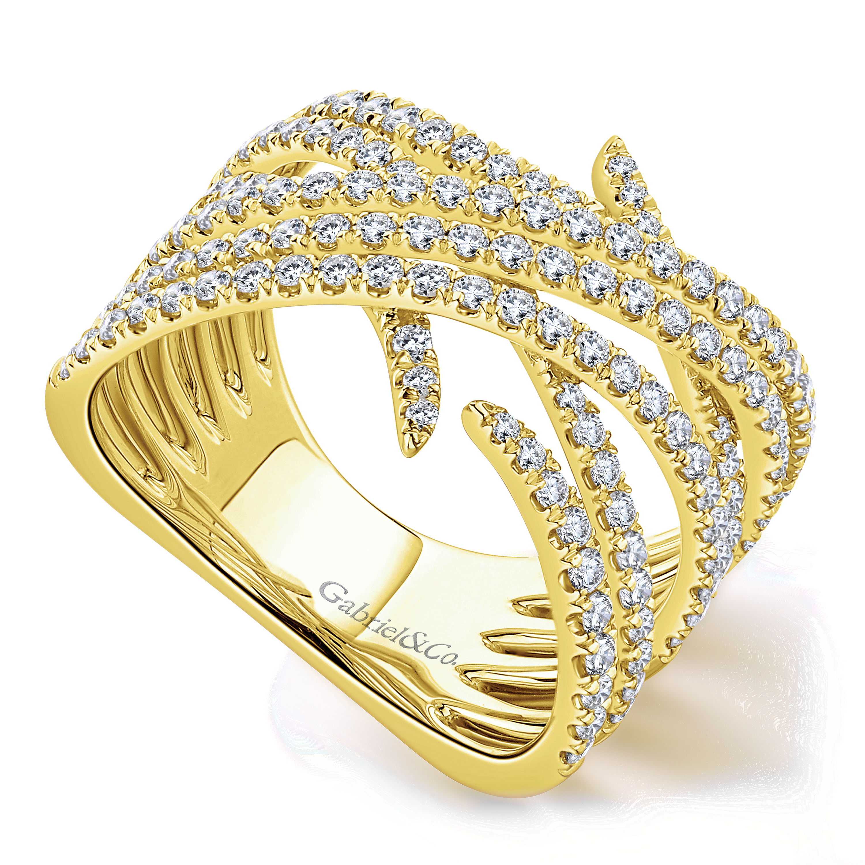14K Yellow Gold Intersecting Rows Wide Diamond Ring