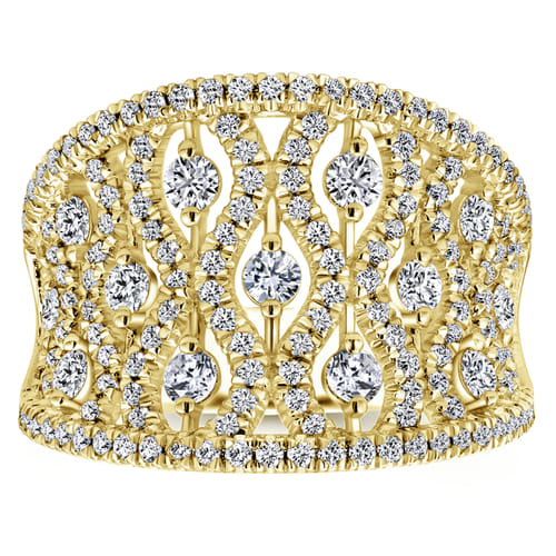 14K Yellow Gold Intricate Openwork Diamond Wide Band Ring