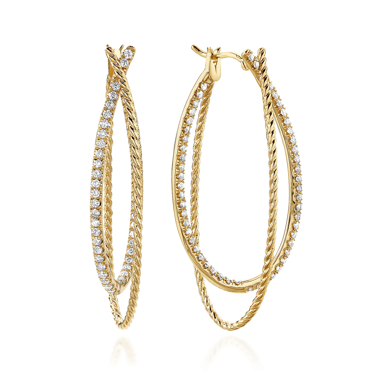 14K Yellow Gold Intricate Twisted Oval 45mm Diamond Hoop Earrings
