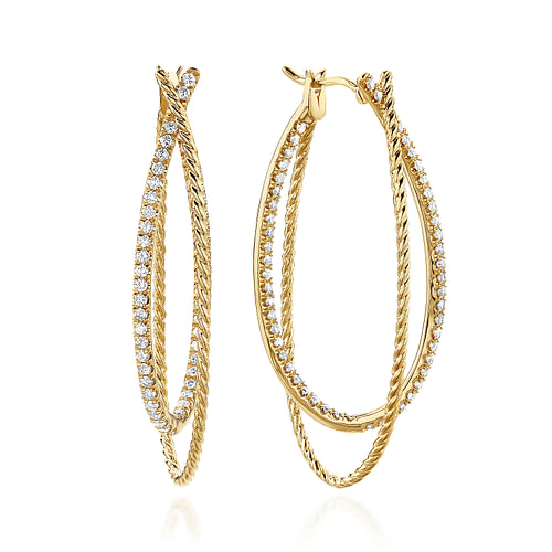 14K Yellow Gold Intricate Twisted Oval 45mm Diamond Hoop Earrings