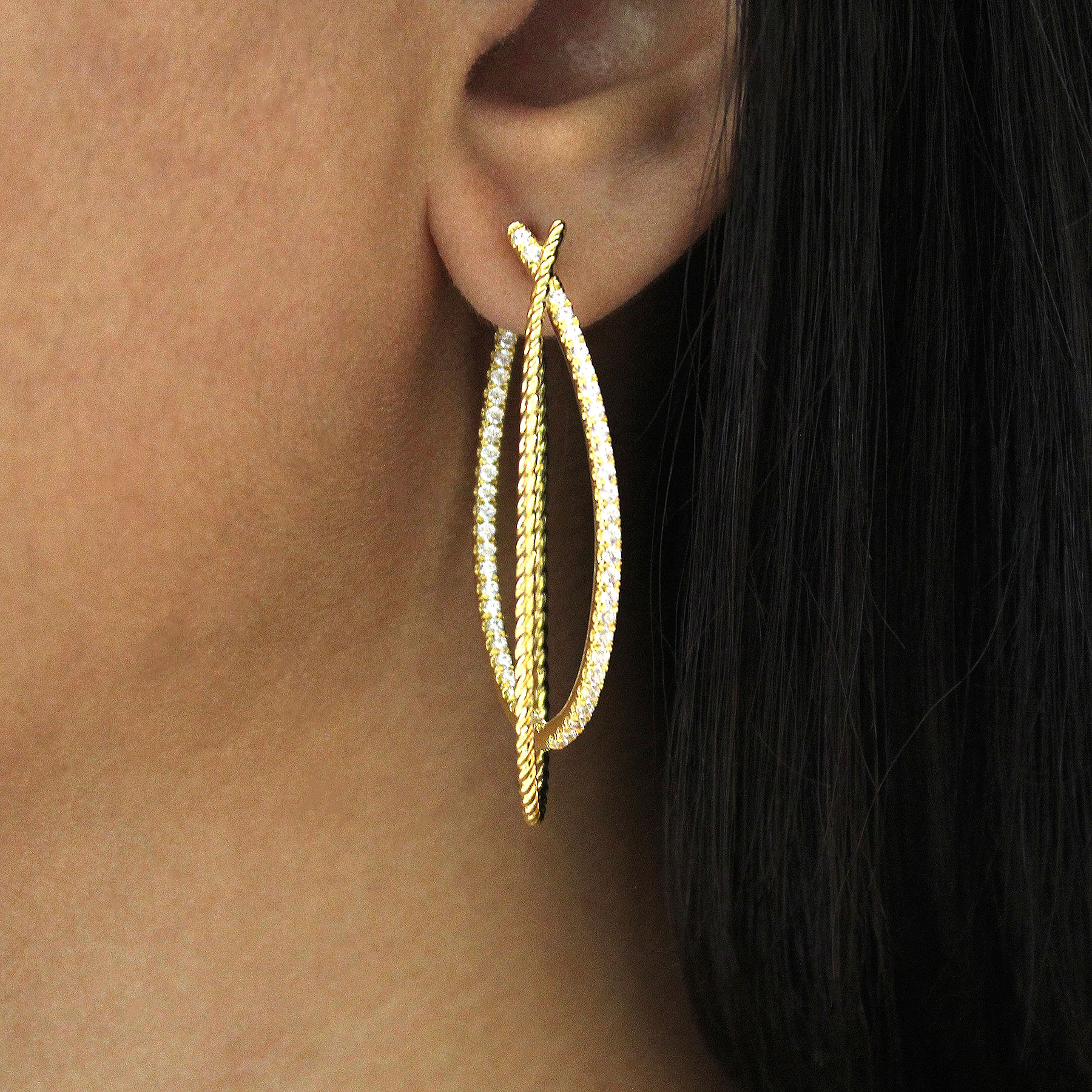14K Yellow Gold Intricate Twisted Oval 45mm Diamond Hoop Earrings