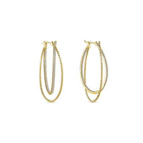 14K Yellow Gold Intricate Twisted Oval 45mm Diamond Hoop Earrings