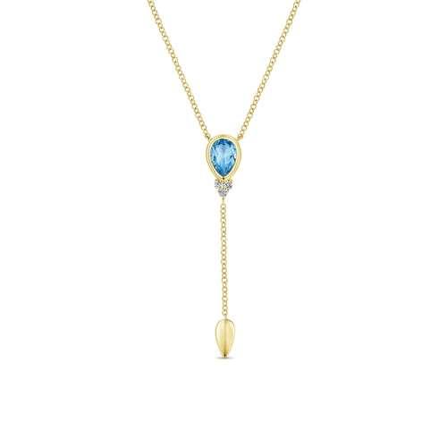 14K Yellow Gold Inverted Blue Topaz Teardrop Y Necklace