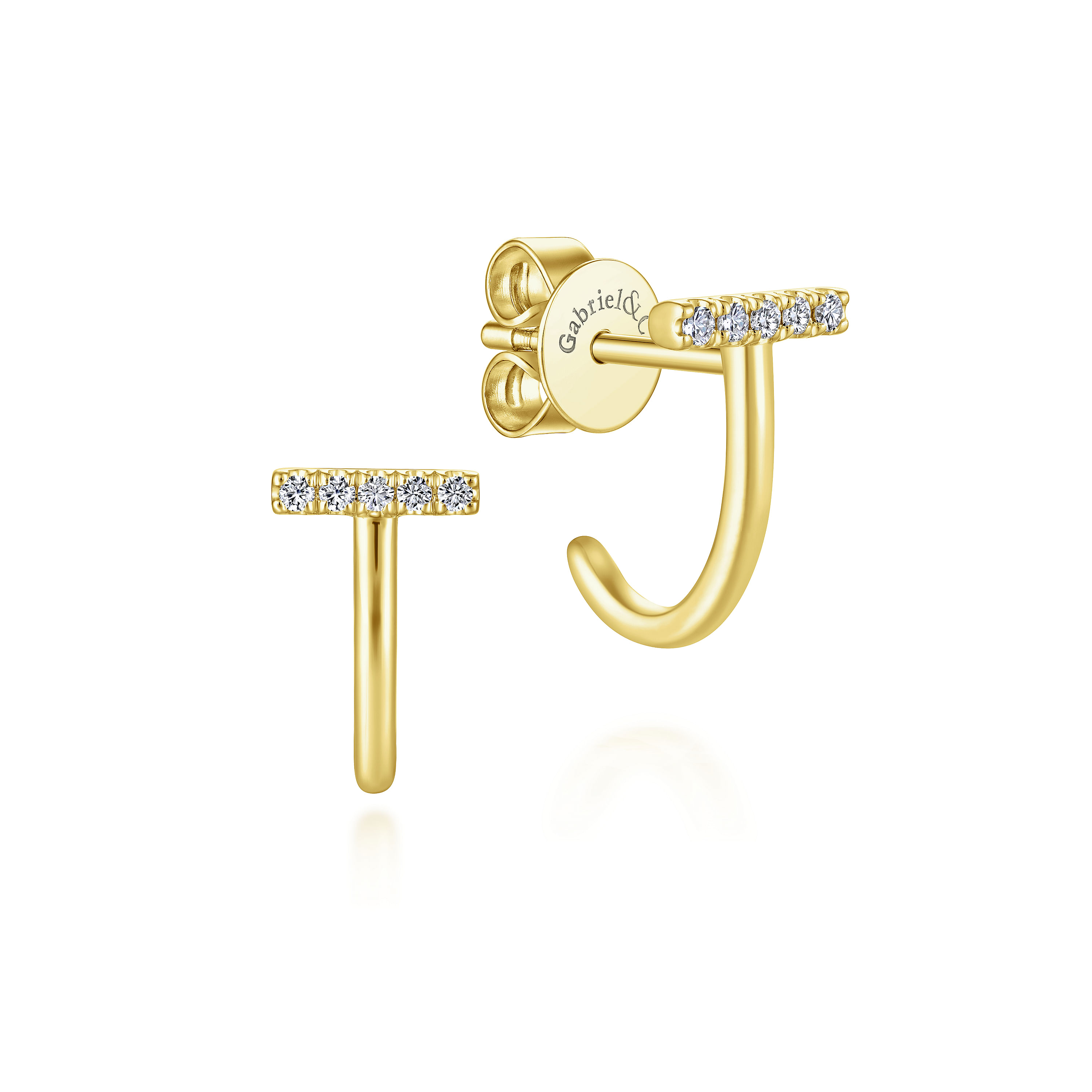 14K Yellow Gold J Curve Diamond Bar Stud Earrings