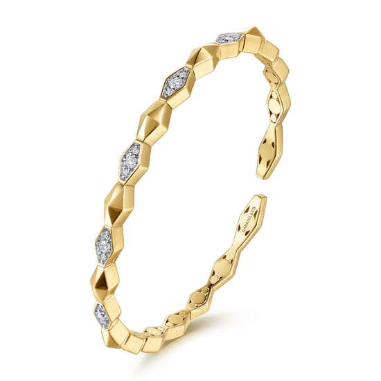 14K Yellow Gold Kite Pyramid Diamond Cuff Bangle Bracelet angle 2