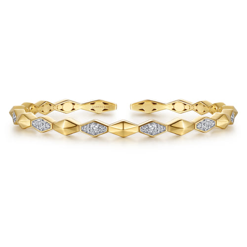 14K Yellow Gold Kite Pyramid Diamond Hard Cuff Bangle Bracelet