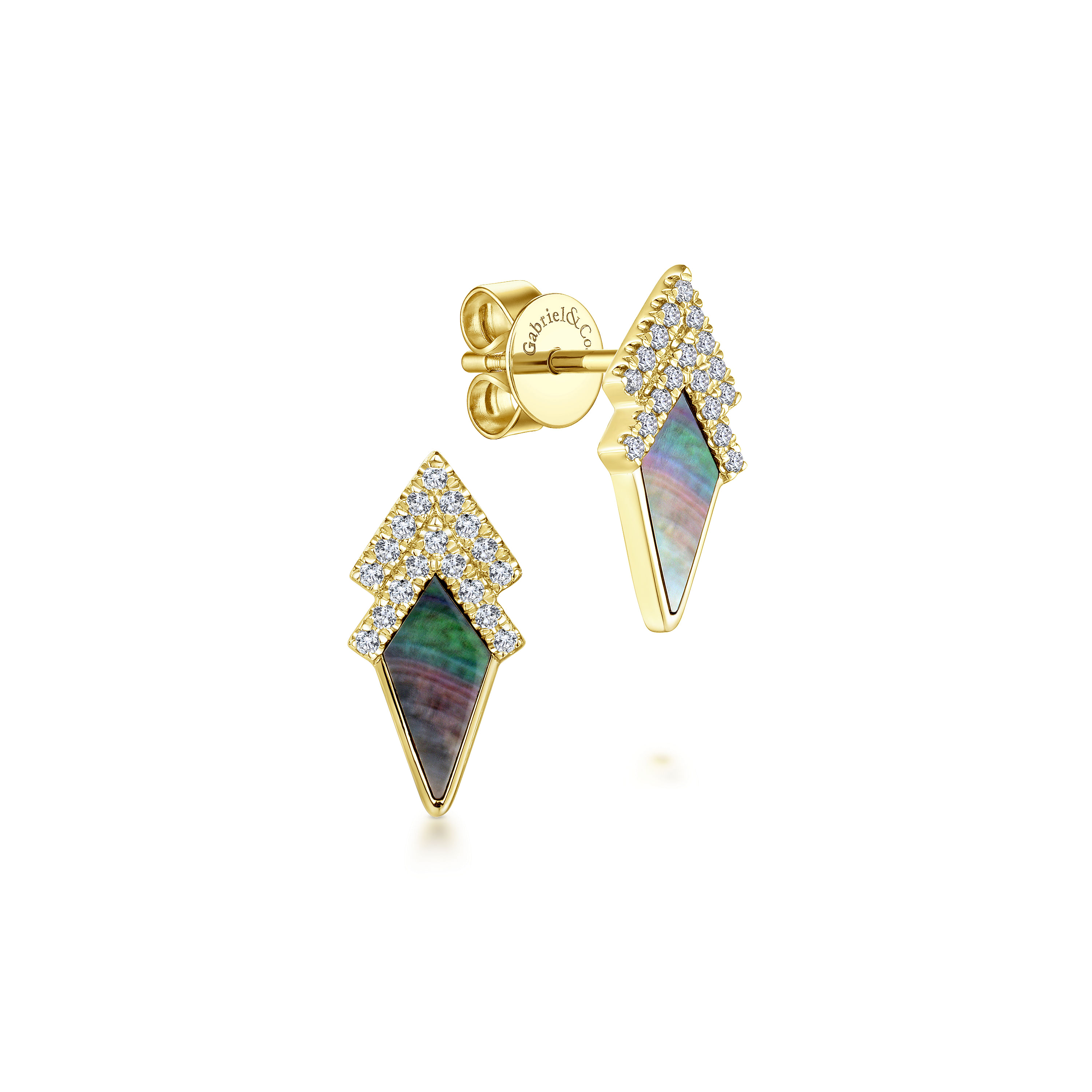14K Yellow Gold Kite Shaped Black Mother of Pearl Earrings with Chevron Shaped Diamond Tops