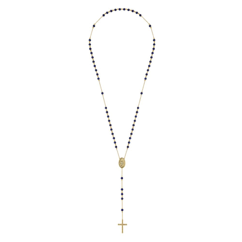 14K Yellow Gold Lapis Beads Rosary Necklace