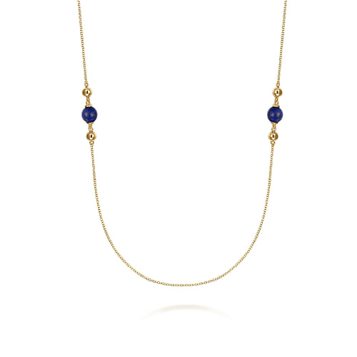 14K Yellow Gold Lapis and Bujukan Bead Station Necklace