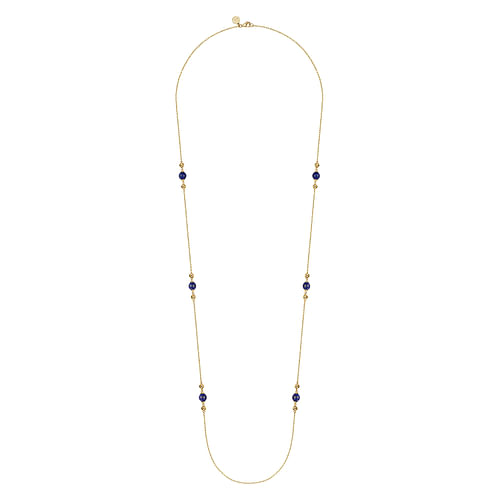 14K Yellow Gold Lapis and Bujukan Bead Station Necklace