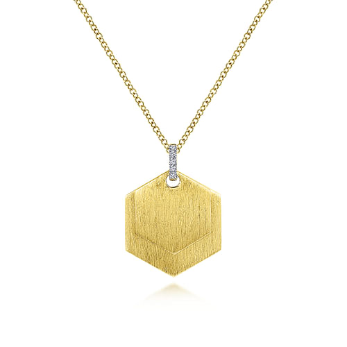 14K Yellow Gold Layered Hexagonal Pendant Necklace with Diamond Bale