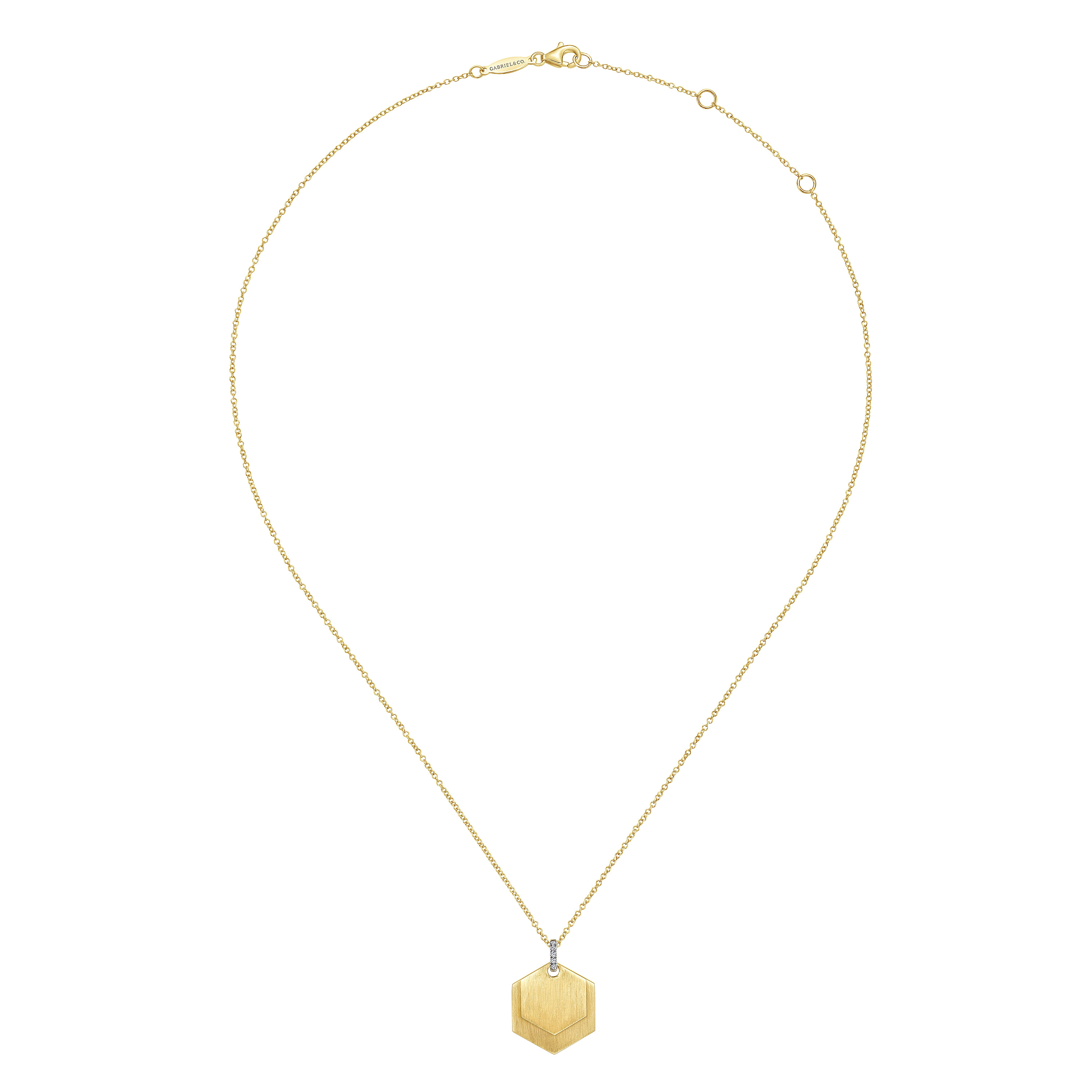 14K Yellow Gold Layered Hexagonal Pendant Necklace with Diamond Bale