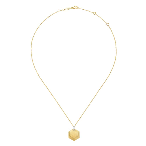 14K Yellow Gold Layered Hexagonal Pendant Necklace with Diamond Bale