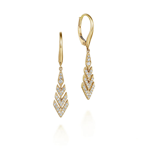 14K Yellow Gold Leverback Graduating Diamond Chevron Drop Earrings