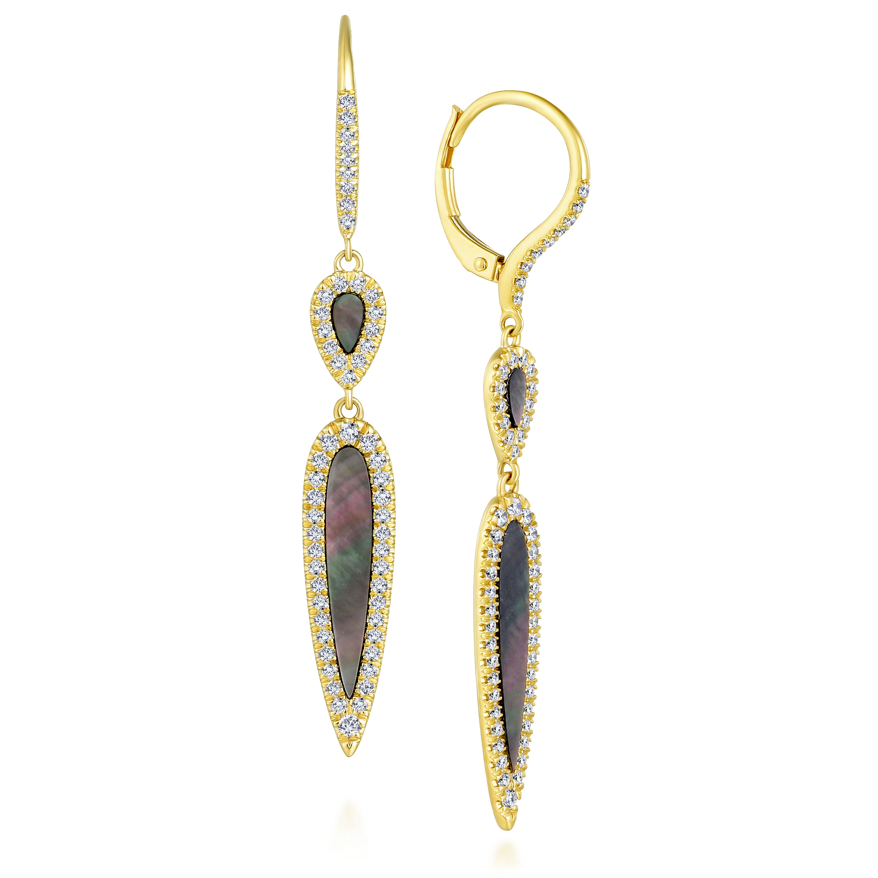 14K Yellow Gold Linear Double Teardrop Earrings with Diamonds and Black Mother of Pearl Inlay