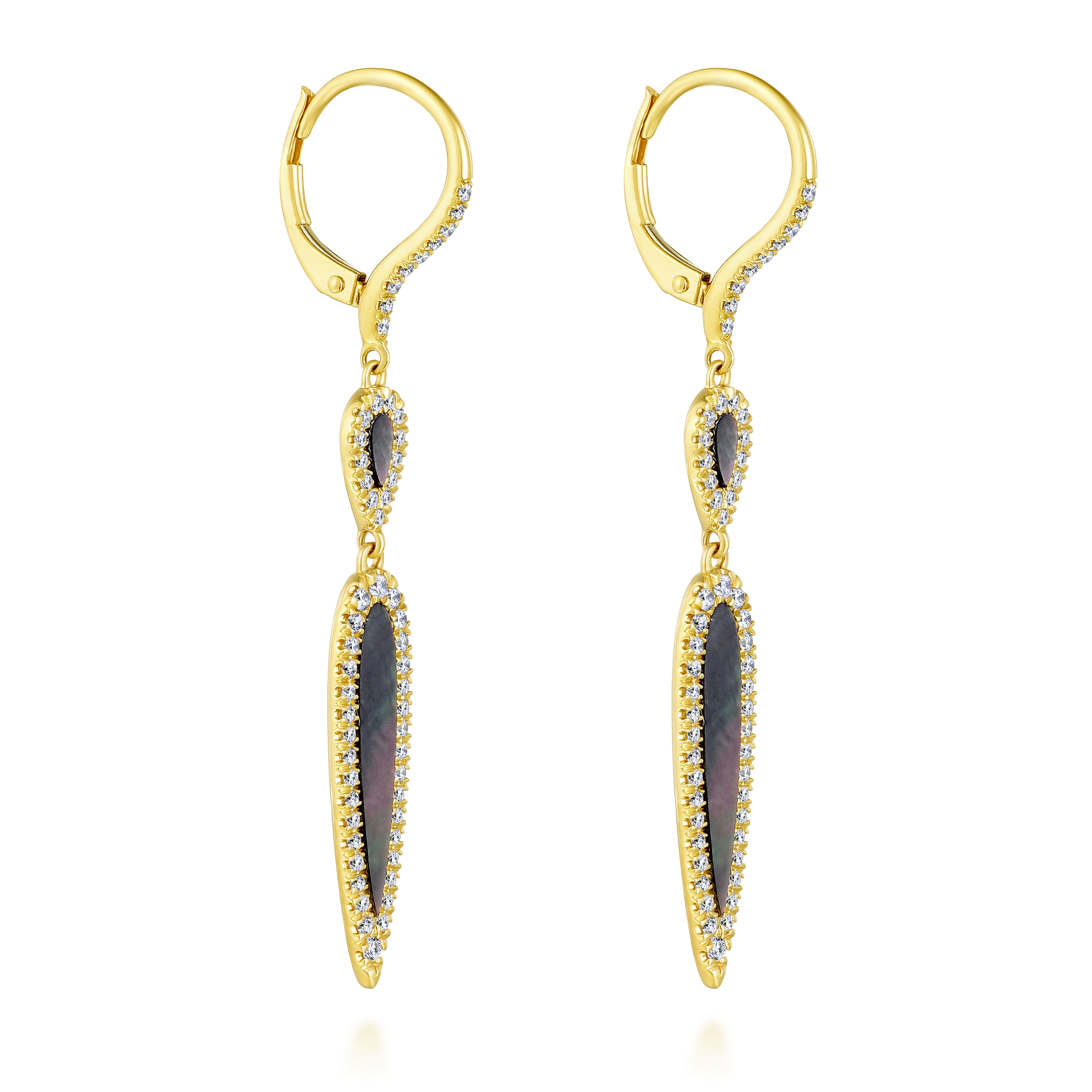 14K Yellow Gold Linear Double Teardrop Earrings with Diamonds and Black Mother of Pearl Inlay