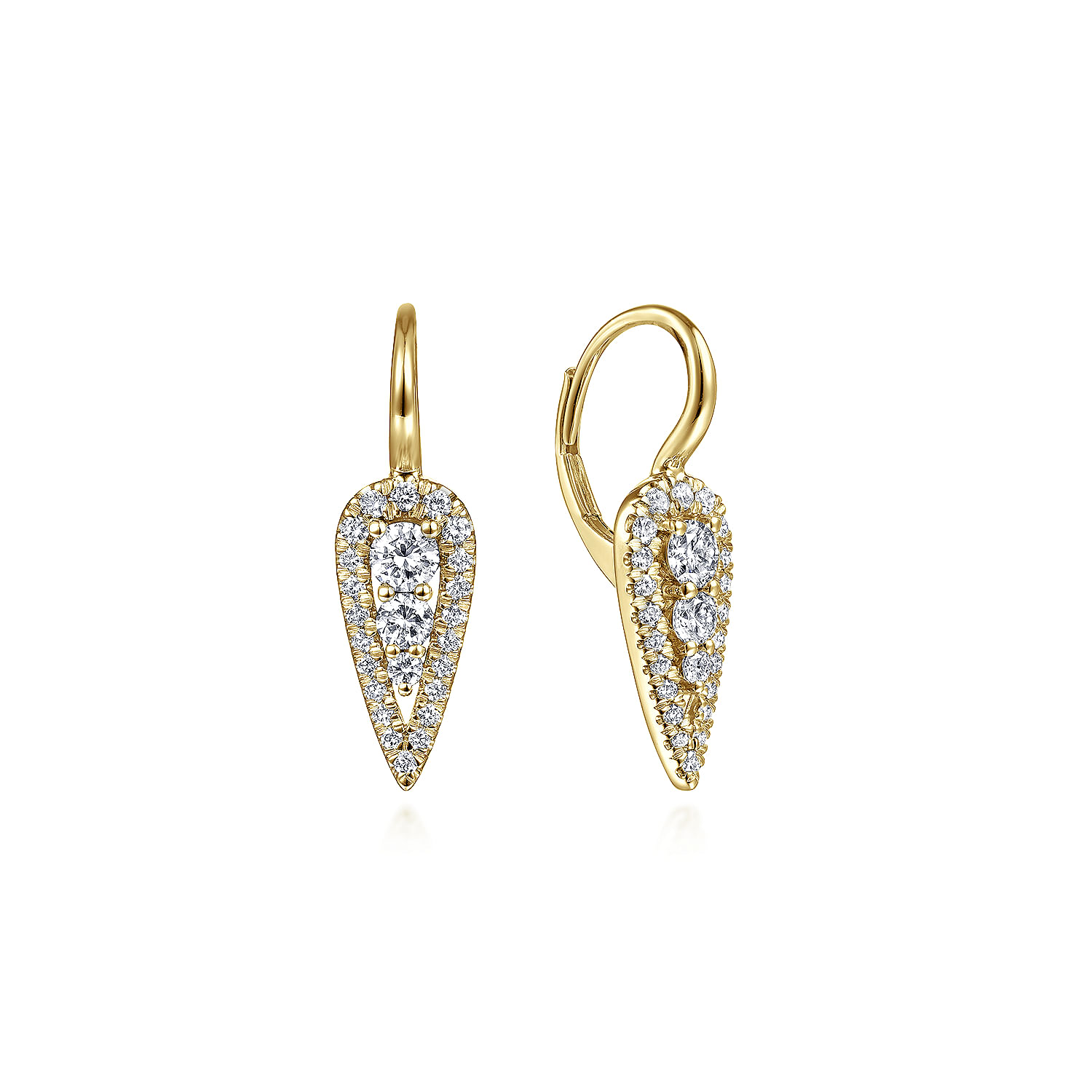 14K Yellow Gold Long Cluster Teardrop Leverback Diamond Earrings