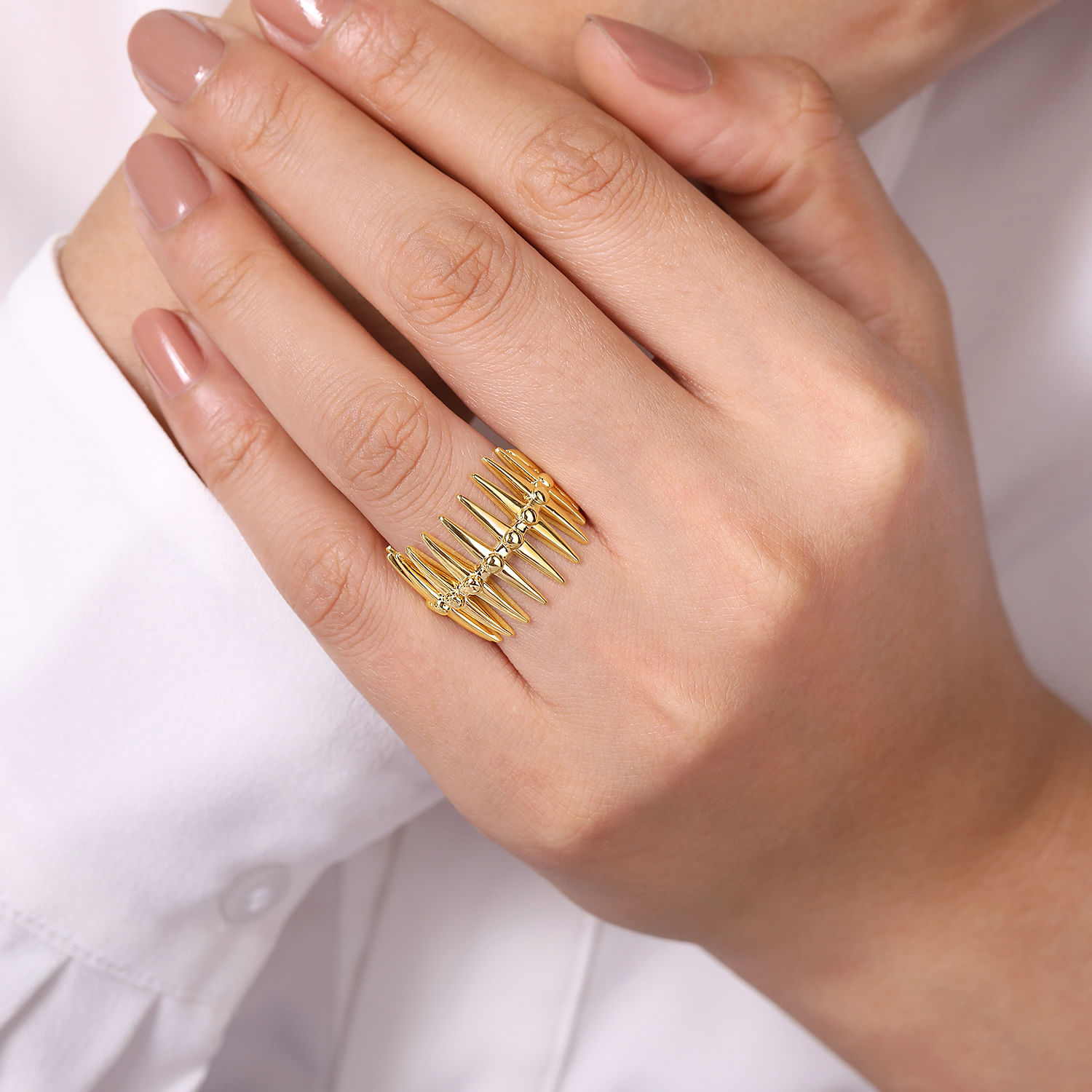 14K Yellow Gold Long Spikes Statement Ring