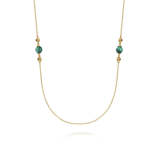 14K Yellow Gold Malachite and Bujukan Bead Station Necklace 