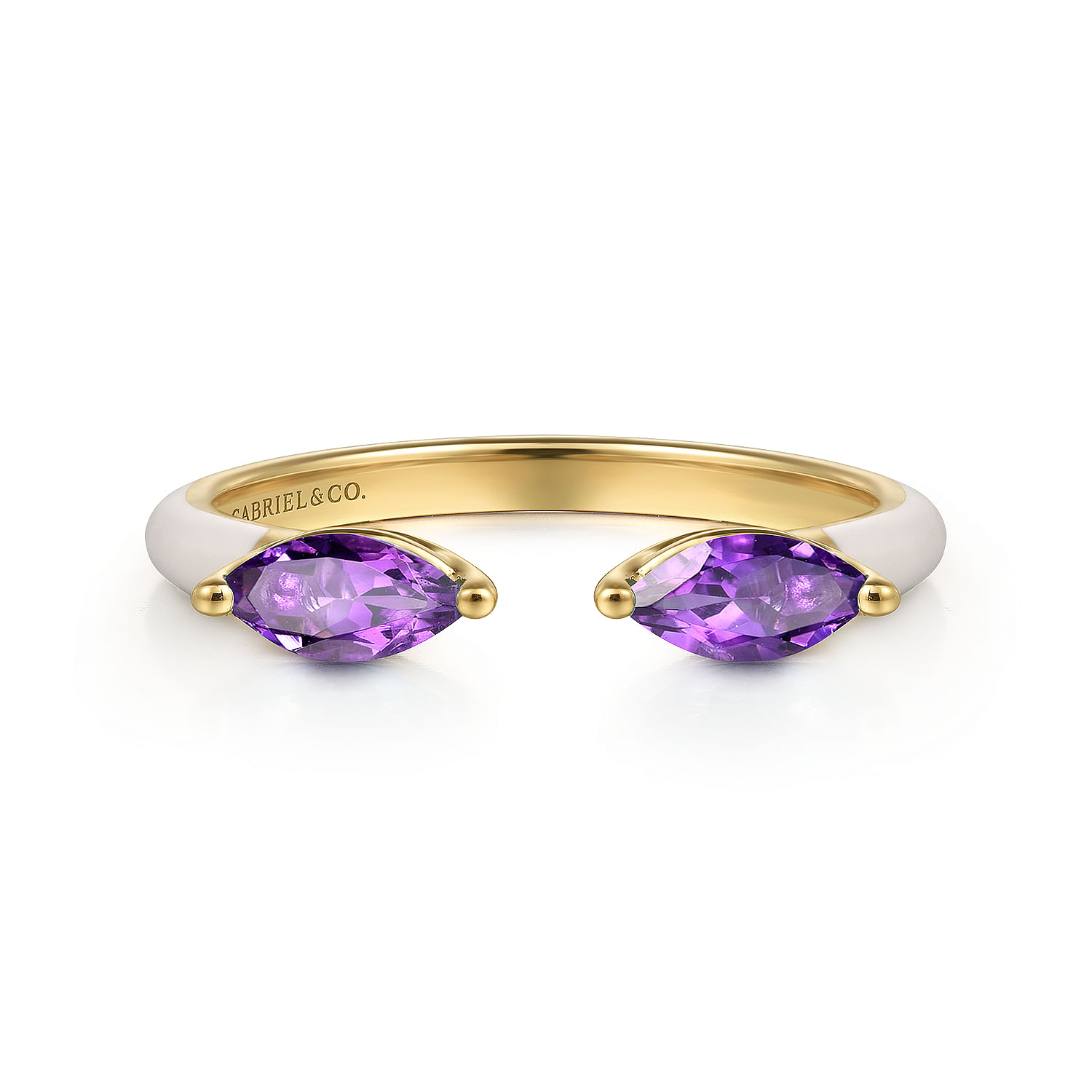 Gabriel - 14K Yellow Gold Marquise Amethyst Open Stackable Ring with White Enamel