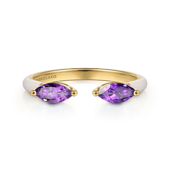 Gabriel - 14K Yellow Gold Marquise Amethyst Open Stackable Ring with White Enamel