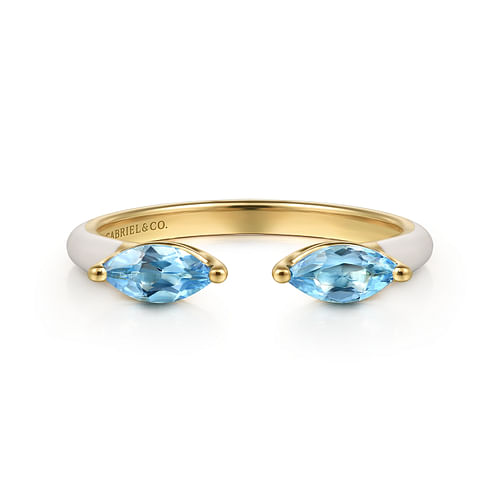 14K Yellow Gold Marquise Blue Topaz Open Stackable Ring with White Enamel