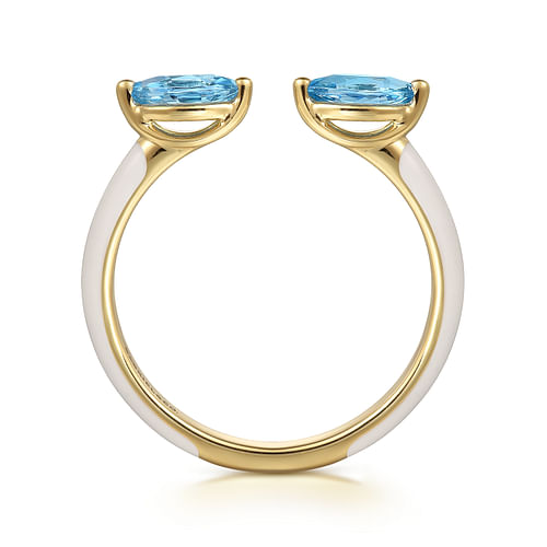 14K Yellow Gold Marquise Blue Topaz Open Stackable Ring with White Enamel