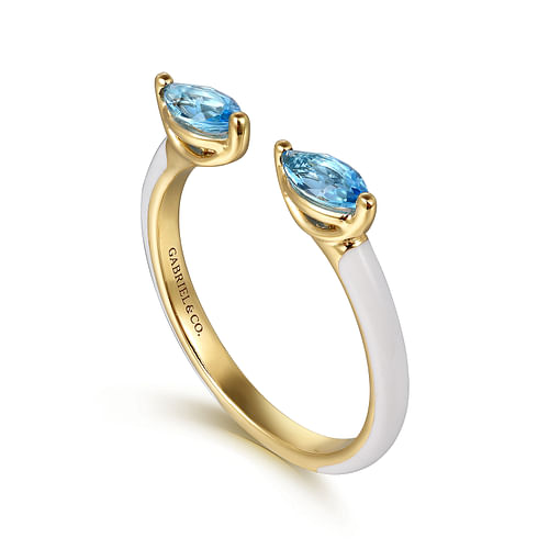 14K Yellow Gold Marquise Blue Topaz Open Stackable Ring with White Enamel