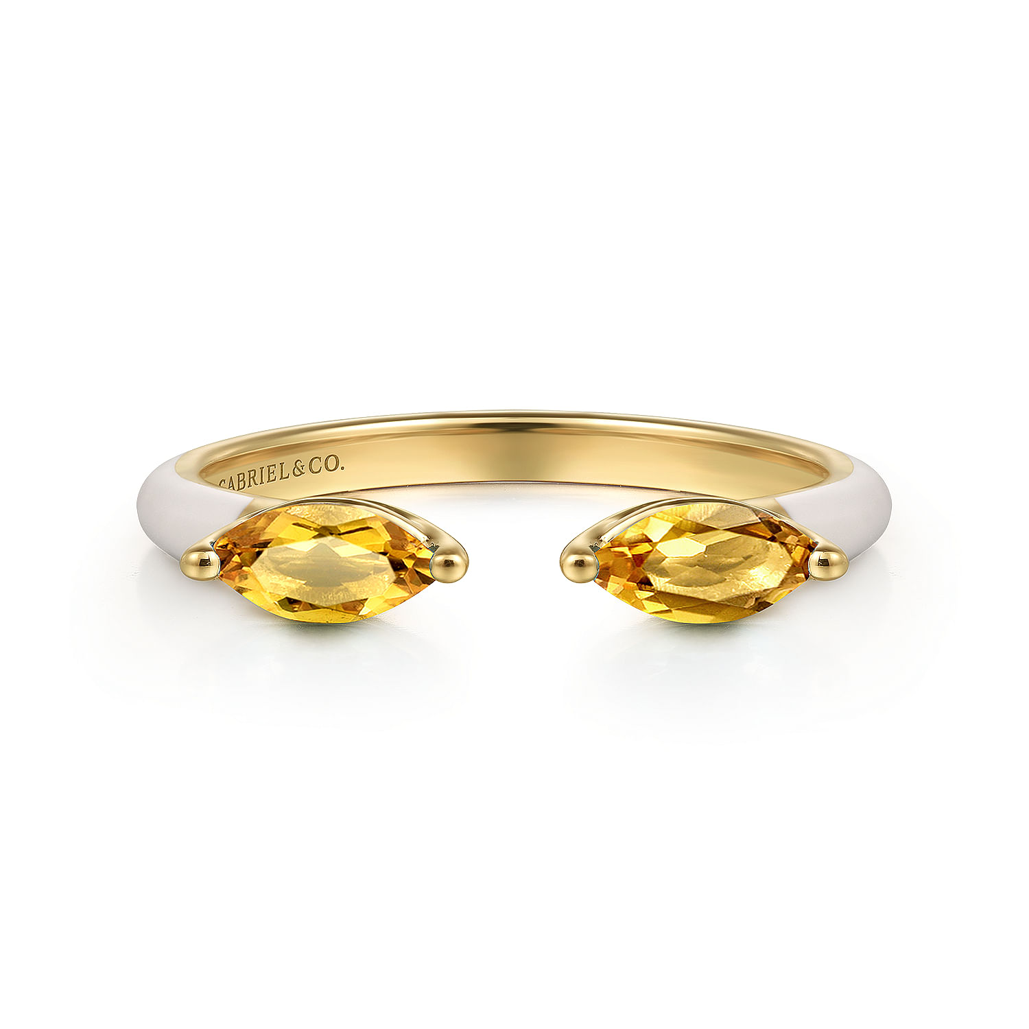 14K Yellow Gold Marquise Citrine Open Stackable Ring with White Enamel