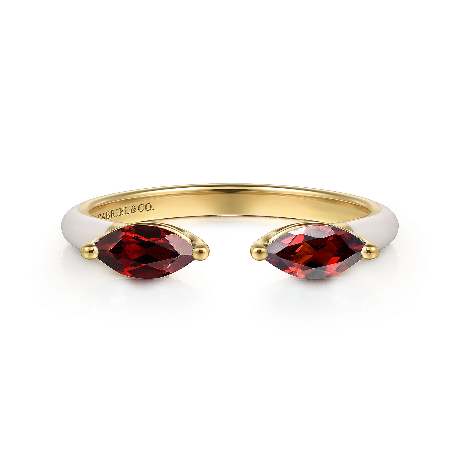 14K Yellow Gold Marquise Garnet Open Stackable Ring with White Enamel
