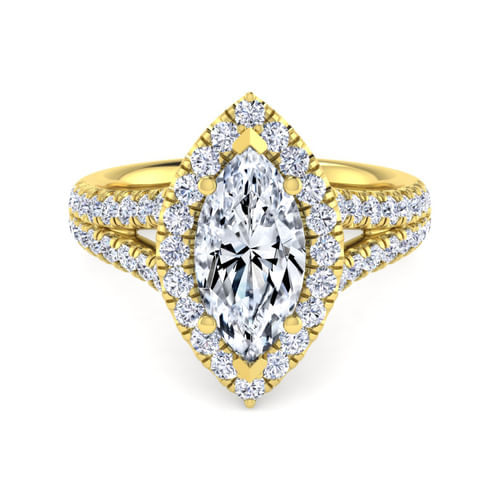 14K Yellow Gold Marquise Halo Diamond Engagement Ring
