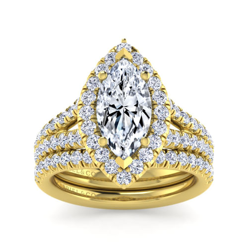 14K Yellow Gold Marquise Halo Diamond Engagement Ring
