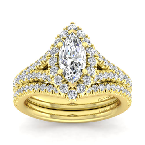 14K Yellow Gold Marquise Halo Diamond Engagement Ring