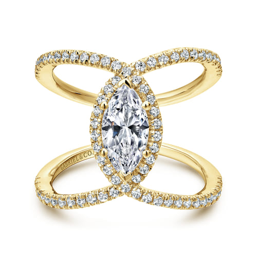 14K Yellow Gold Marquise Halo Diamond Engagement Ring