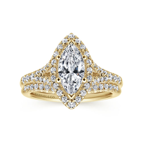 14K Yellow Gold Marquise Halo Diamond Engagement Ring
