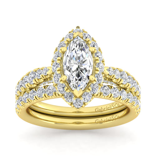 14K Yellow Gold Marquise Halo Diamond Engagement Ring