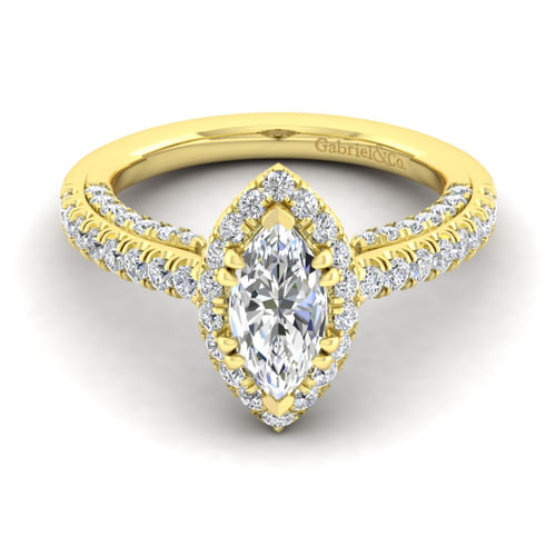 14K Yellow Gold Marquise Halo Diamond Engagement Ring