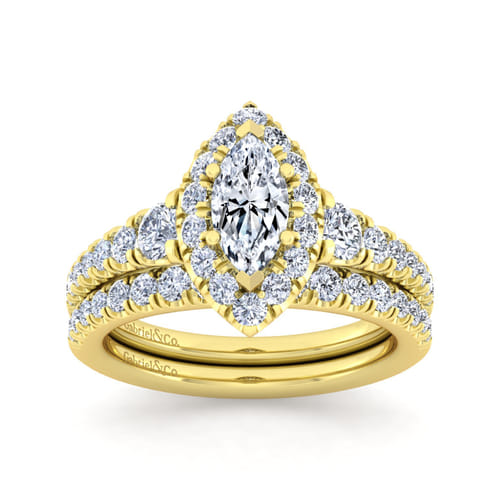 14K Yellow Gold Marquise Halo Diamond Engagement Ring