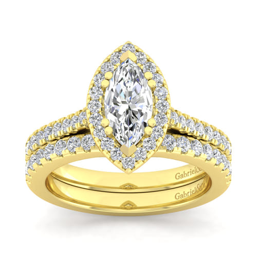 14K Yellow Gold Marquise Halo Diamond Engagement Ring