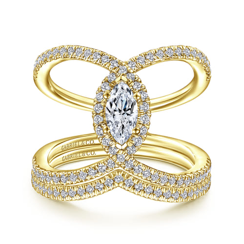 14K Yellow Gold Marquise Halo Diamond Engagement Ring