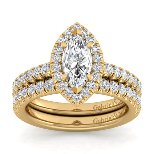 14K Yellow Gold Marquise Halo Diamond Engagement Ring