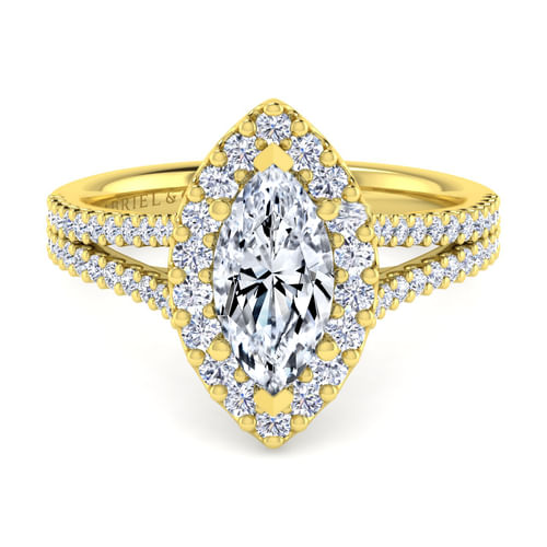 14K Yellow Gold Marquise Halo Diamond Engagement Ring