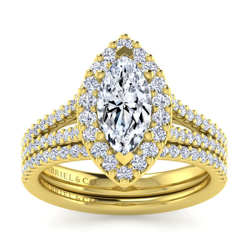 14K Yellow Gold Marquise Halo Diamond Engagement Ring