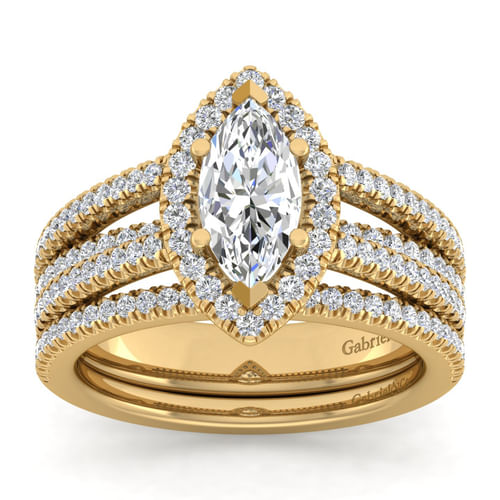 14K Yellow Gold Marquise Halo Diamond Engagement Ring